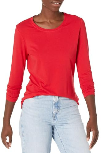 Amazon Essentials Women's Regular-Fit Long-Sleeve Crewneck T-Shirt (Available in Plus Size), Cherry Red, M