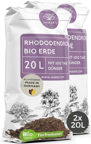 Bio Rhododendronerde 40 L (2x20L) - Saure Erde mit 20% weniger Torf für Moorbeetpflanzen - Erde für Pflanzen mit Dünger - Saure Blumenerde - Pflanzenerde mit saurem PH-Wert