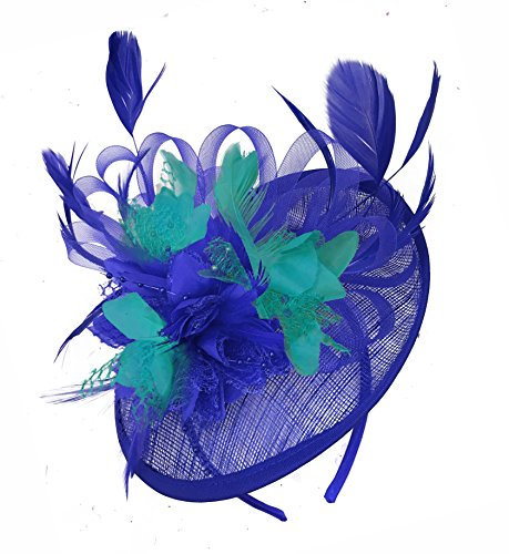 Caprilite Royal Blue and Teal Turquoise Sinamay Disc Saucer Fascinator Hat for Women Weddings Headband