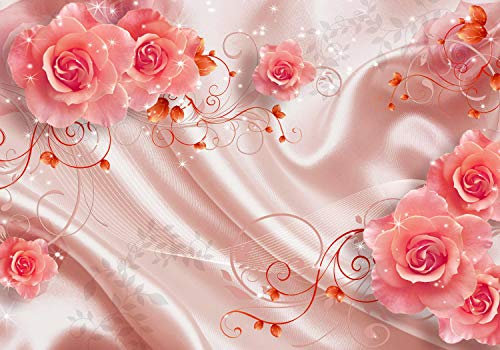 wandmotiv24 Fototapete Rosen Ornaments Rosa, L 300 x 210 cm - 6 Teile, Wanddeko, Wandbild, Wandtapete, Blumen, Gold, Glitzer M1253