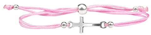 Milosa Armband Rosa mit Silber Kreuz | Konfirmations-Armband mit größenverstellbarem Textil-Band, Geschenk für Kinder zur Firmung, Kommunion oder Erstkommunion, handgemachtes Kreuz-Armband