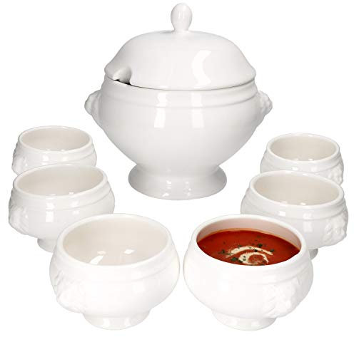MamboCat Set de 7 bols à soupe en forme de tête de lion 1 bol à soupe avec couvercle (3 l) + 6 petites tasses à soupe (0,45 l) - Set de bols en forme de tête de lion En faïence blanche