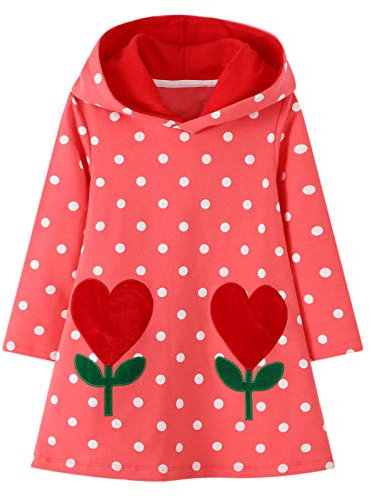 JinBei Mädchen Kapuzen Kleid Blumen Langarm Kapuzenpullover Baumwolle Freizeit Pullover Hoodie Sweatshirt Kleid Rot Tupfen Tops Herbst Kinder 6-7 Jahre