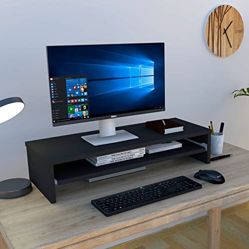 Henor Supporto monitor Rialzo Tv con vassoio estraibile Legno FSC® 82 x 32 x 18 cm. Portata 50 kg. Grafite