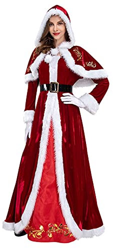 TIREOW Frauen Vintage Style Mrs Santa Claus Kostüm mit Kapuzenschal, Gürtel und Handschuhen Weihnachtskostüm Cosplay Prinzessin Kleid Cocktailkleid (Red, L)