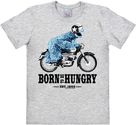 Logoshirt® Sesamstrasse I Krümelmonster I Motorrad I Born to Be Hungry I T-Shirt Print I Damen & Herren I kurzärmlig I grau-meliert I Lizenziertes Originaldesign I Größe 4XL