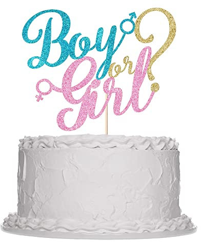 boy or girl cake topper - gold glitter baby shower, gender reveal, welcome newborn party decoration (Blue And Pink)