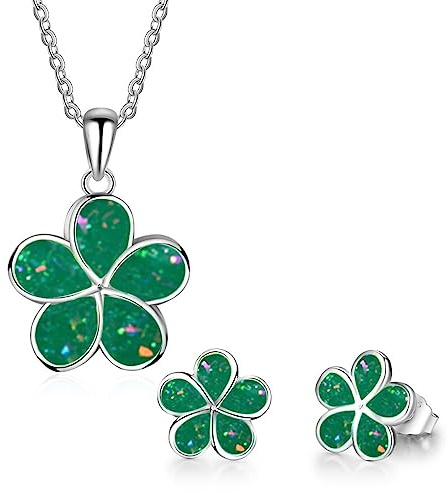 Ladies Flower Design Opal Jewellery Set For Women, Necklace Pendant & Drop Earrings, Enamel & Silver Plated Matching Flower Design with Gift Box