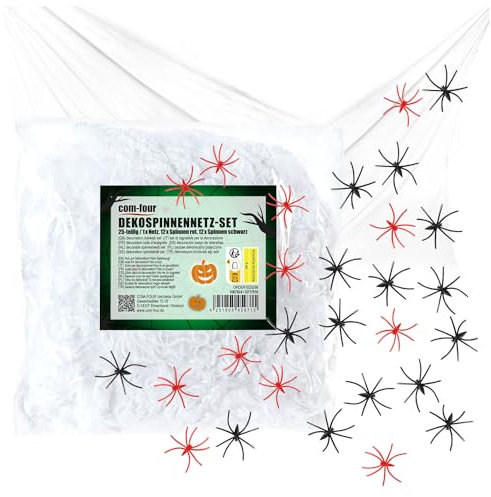 com-four® 25-teiliges Deko-Set für Halloween - 200g dehnbares Spinnennetz mit 24 Spinnen in 2 Farben - gruseliges weißes Spinnengewebe für Halloween, Fasching, Horror- oder Mottopartys
