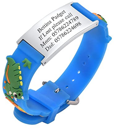 Personalisierte Sicherheitsarmband Kinder - Gravur Edelstahl Tag & Cartoon Silikonband SOS Armband für Mädchen Jungen Kleinkind Individuelle Kinder Anti-Verlust Notfall Armband ID Armbänder, Blau