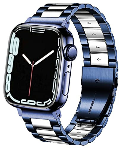 DEALELE Bracelet compatible avec iWatch 42 mm 44 mm 45 mm 49 mm, bracelet de rechange en métal acier inoxydable pour Apple Watch Series 8/7 / 6/5 / 4/3 / SE/Ultra, bleu/argenté