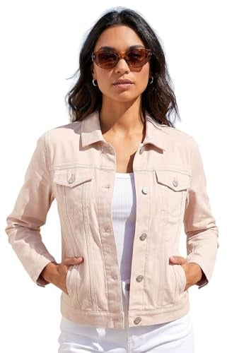 Roman Originals Stretch Jacket for Women UK - Ladies Denim Jean Summer Coat Bengaline Casual Smart Utility Trucker Biker Fitted Classic Work Spring Soft Vintage