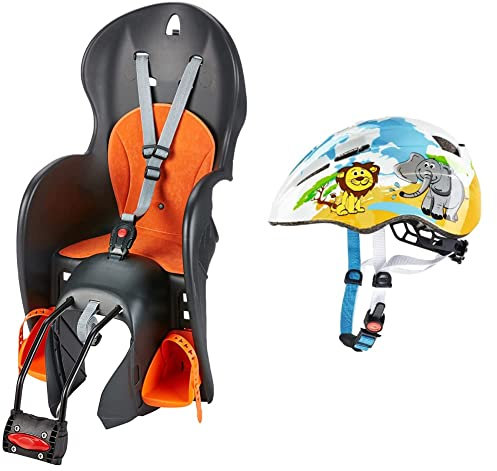 Prophete Fahrradkindersitz | für Kinder zwischen 9 und 22 kg | grau orange & uvex kid 2 - leichter Fahrradhelm für Kinder - individuelle Größenanpassung - erweiterbar mit LED-Licht - desert - 46-52 cm