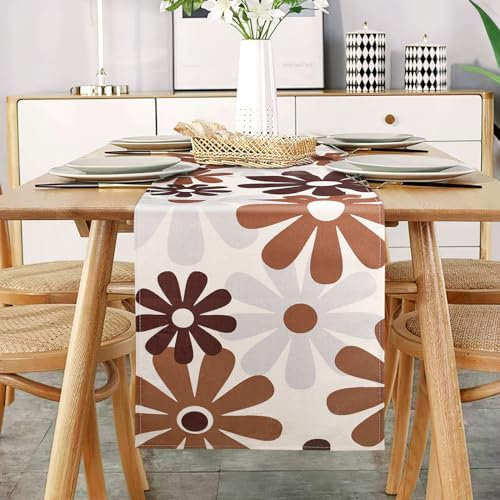 Braun Blumen Tischläufer Modern Grau Tischläufer Restaurant Dekoration Leinen Faltenfrei rutschfest Tischband Deko Tischwäsche Esstisch Party Küche Wohnzimmer Tischdecke Abwaschbar 40x140CM