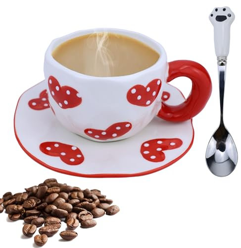 Disoza Set Di Tazze Da Caffè Con Piattino Dolce Tazza Di Cuori Rossi Regali Per Le Donne Compleanno Tè Tazza Di Caffè Piattino 250 ML Tazza Di Ceramica Regalo Di Compleanno Per Le Donne Ragazze Mamma