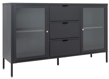 AltoBuy Hugo - Buffet 2 Portes Vitrées 3 Tiroirs en Métal Laqué Noir