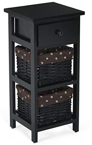 CASART Bedside Table, Paulownia Wood Nightstand Cabinet with Wooden Drawer & 2 Wicker Drawers, Modern Sofa Side Table Chest of Drawers for Living Room Bedroom (1, Black)
