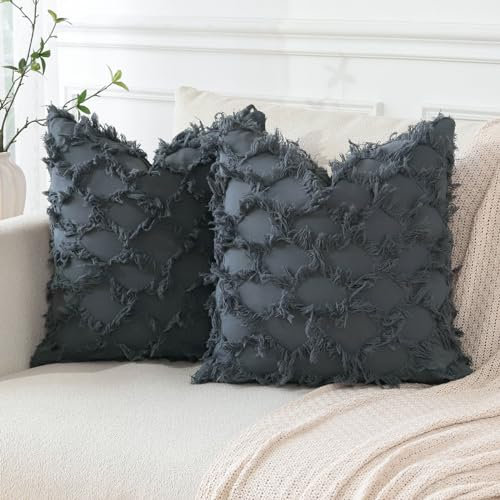 JOTOM 2er Set Boho Kissenbezüge mit Quasten, Dekorative Weich Tassel Kissenbezug Retro Kissenhüllen Sofakissen Dekokissen Zierkissenbezug für Wohnzimmer Schlafzimmer Deko (45x45cm, Grau)