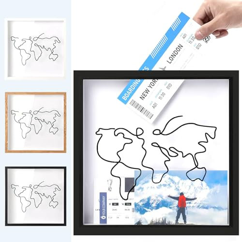 Jastown 30 * 30cm Caja de Almacenamiento de Aventuras,Archive Box para Recuerdos,Caja de Sombra de Viaje, para Tickets Shadow Box para Montaje En La Pared,Mapa del Mundo,Marcos para Cuadros (Negro)