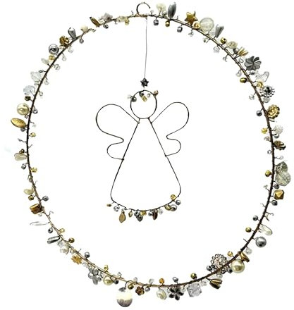 mitienda mit Liebe gemacht Fensterdeko Perlenkranz 20cm, Fensterschmuck Draht-Engel, Gold, hängend, Kranz aus Perlen