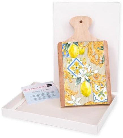 Lupia - Bomboniera con Scatola Bianca Tagliere in Legno con Vetro Stampato Limoni E ACANTO 12x21 cm, Idea Regalo per Matrimonio Cresima Comunione Battesimo Anniversario Compleanno