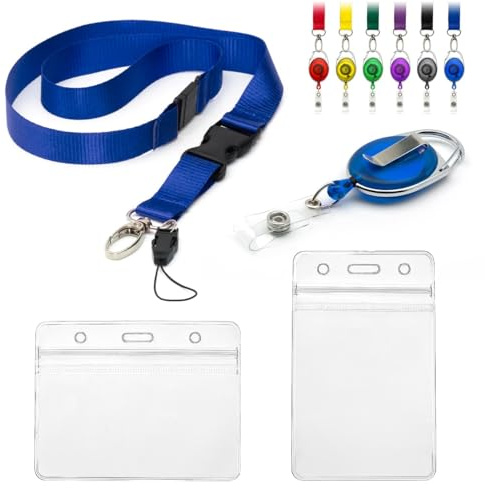 CKB LTD Schlüsselband mit Kartenhalter, 4-teiliges Set, beinhaltet 1 abnehmbares Sicherheits-Schlüsselband, 1 einziehbarer Yo-Yo-Rollenclip, 2 durchsichtige, wasserfeste Ausweishüllen, doppelseitige