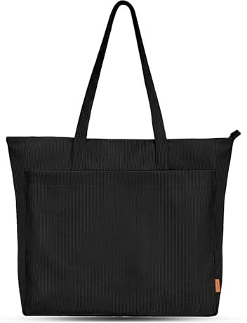 Esbyyewi Cord Tasche Tote Bag Damen Handtasche Umhängetasche Große mit Reißverschluss Wasserdicht Schultertasche Einkaufstasche Stofftasche für Büro Uni Schule Sport Reise-43x11x40CM-Schwarz