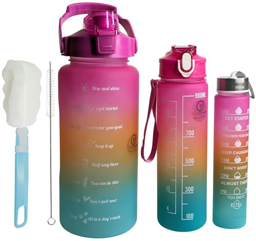 TradeProvider® Drinking Bottle (3 Pack) BPA Free Gym Sport Water Bottles 2000ml + 900ml + 300ml with Carry handle, Straw, Brush, Time Markings and Motivational Quotes (3Pack Gradient, Pink)
