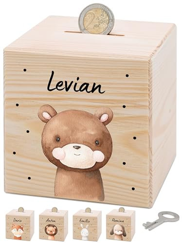 Bärenfreunde® - Personalisierte Spardose Kinder aus Holz mit Metallschloss - Spardose mit Namen mit kinderfreundlichem UV-Druck zum Sparen für Kinderträume (Bär)