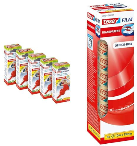 tesa Kleberoller permanent Nachfüllkassette im 5er Pack & tesafilm transparent - Transparentes Klebeband mit starker Haftung - alterungsbeständig und reißfest - 10 m x 19 mm - 8er Pack