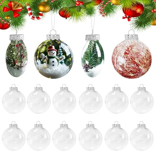 Klar Weihnachtskugeln,12 Stück DIY Weihnachtskugeln Deko Baumschmuck Hängender Kugel, 8cm Transparente befüllbare Kugeln für Weihnachtsbaum Hochzeit Geburtstag Zuhause Geschenkbox Dekoration(Flache)