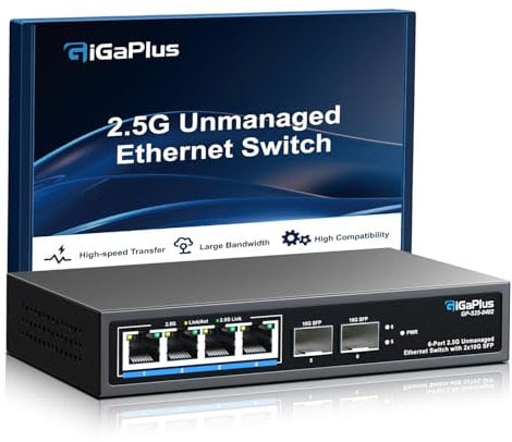 6-Port 2.5Gb Unmanaged Ethernet Switch mit 4* 2.5G Base-T Ports, 2* 10G SFP+ Ports. GiGaPlus 2.5Gbit/s Netzwerk-Switch für WiFi6-Router