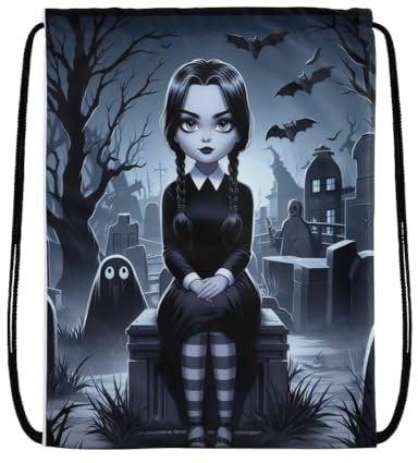 EZB Wednesday Tasche mit Kordelzug, 36 x 30 cm, Midi-Größe, vielseitig verwendbar: Sport-Kits, Sport-Kits, Fitnessstudio, Mittagessen, Urlaub, Strand, Pumptasche, Mittwochs-Cartoon-Tasche, Schwarz ,