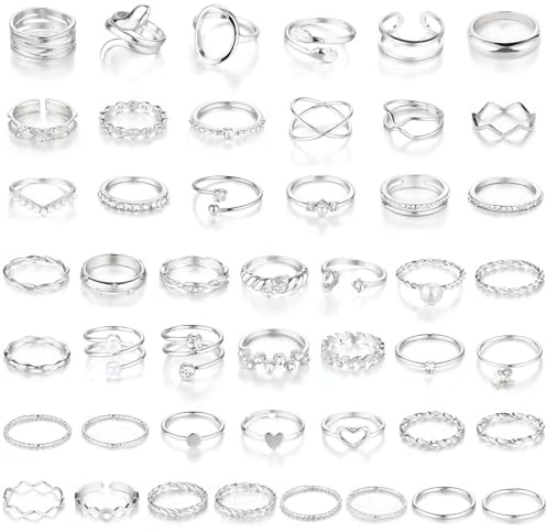 CHICUTIE 47Pcs Silver Knuckle Rings Set For Women Stackable Joint Finger Midi Rings Dainty Cubic Crystal Zirconia Simple Hollow Twist Cute Rings Pack Jewelry Gift