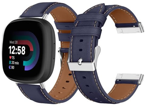 LanQii Lederarmband Kompatibel mit Fitbit Versa 3/Fitbit Versa 4, Damen und Herren Leder Uhrenarmband ErsatzarmbänderFür Fitbit - Sense & Sense 2 - Blau
