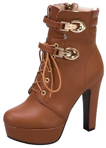 Asterisco Stivaletti da Donna con Tacco Largo con Plateau Tacco Alto Polacchine Punta Rotonda Zip Stivali da Combattimento, O179150Hj Dark-Marrone Numero 46 EU/48Cn