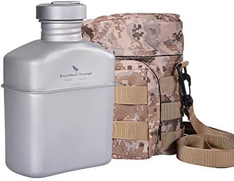 Boundless Voyage Botella de titanio de 1100 ml, para exteriores, camping, utensilios de cocina, comedor, botella de agua de riñón con bolsa de camuflaje Ti2047C