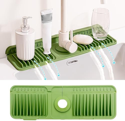 Daily Treasures 6° Slope Küchenspüle Spritzschutz mit Befestigungsknopf,45x14cm Silikon-Wasserhahnmatte, faltbare Wasserfangmatte,ordentliche Matte für Badezimmer-Waschbecken-Zubehör (grün)