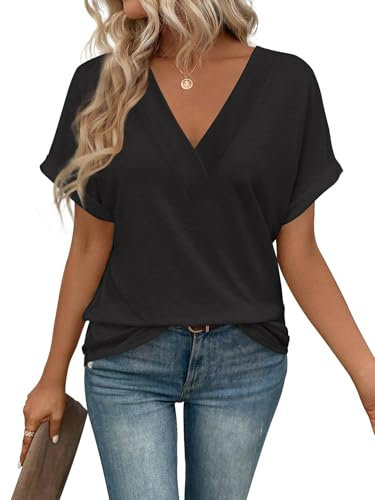 Cuptacc Camisetas Manga Corta Mujer Cuello en Pico Blusas de Mujer Elegantes Casual Suelta T-Shirt Negro, XX-Large XXL 50-54