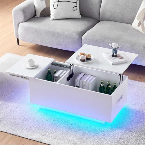 CLIPOP Lift Top Coffee Table with Charging Station, High Gloss Coffee Table with LED Lights, Hidden Compartment and Storage Shelf, Modern Center Table for Living Room Sofa