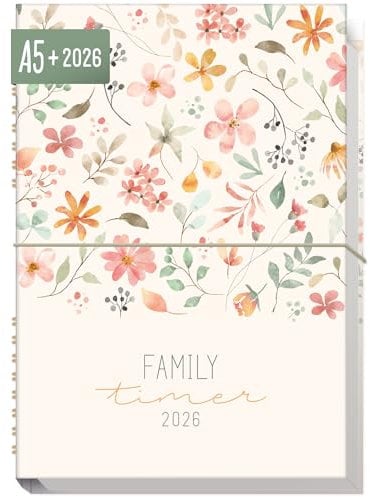 Häfft® Family-Timer 2026 A5+ Wild Blossoms Familien-Kalender für 4 Personen, Familien-Planer 12 Monate: Jan bis Dez 26, Family-Organizer - nachhaltig & klimafreundlich