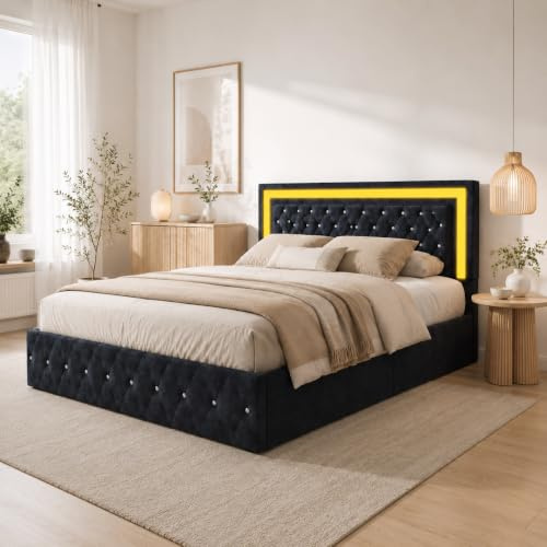 PerGar LED Polsterbett 160x200 cm mit Stauraum, Samtbett mit Hydraulisches | Modernes Hydraulisches Doppelbett, Chesterfield Bettgestell mit LED-Beleuchtung für Schlafzimmer