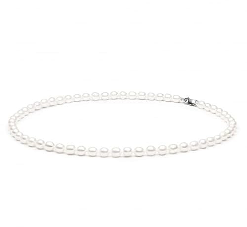 Gaura Perlenkette Damen Choker – Weiße Süßwasserperlen oval 5,5–6,5 mm • 40 cm Länge • Rhodiniertes 925 Silber Karabinerverschluss • Klassischer Damenschmuck & Geschenk