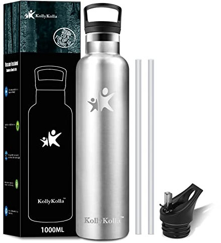 KollyKolla Trinkflasche Sport Edelstahl 1L, Wasserflasche Auslaufsicher, Vakuum Thermosflasche Kohlensäure Geeignet, Erwachsene, Uni, Yoga, Sport, Fahrrad