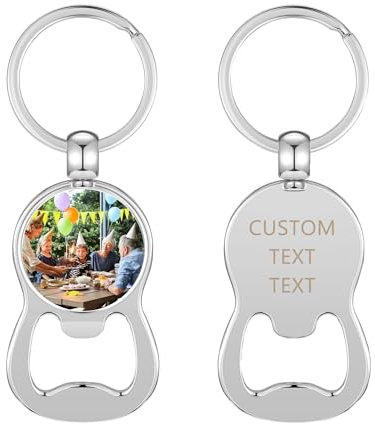 Lpraer Bottle Opener Keyring with Photo Text Engraving, Beer Opener Metal Bottle Opener Personalised Funny Gifts for Dad Father’s Day Men Women Beer Lovers (Round Photo)