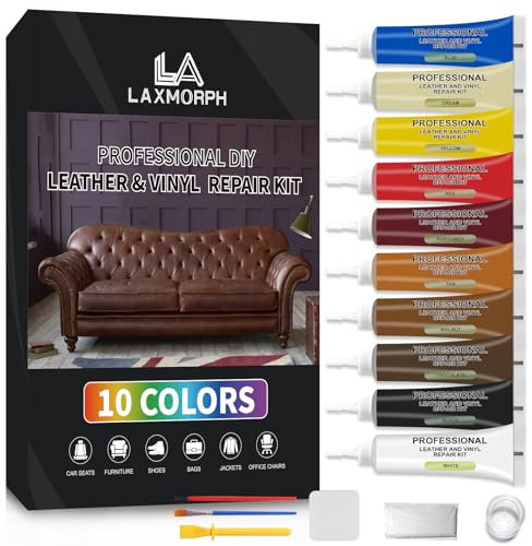 Laxmorph Leather Repair Set 10 Colours Liquid Leather for Furniture, Sofas, Car Seats & Jackets, Vinyl Faux Leather Repair Kit Repairs Leather Paint Cracks, Holes, Scratches & Chips