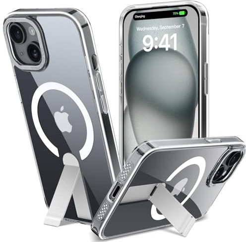 Cover con Cavalletto Metallico per iPhone 15, Compatibile con MagSafe, Custodia Trasparente Anti-Graffio con Invisibile Supporto Antiurto Protettiva Case, 3 Modalità di Supporto