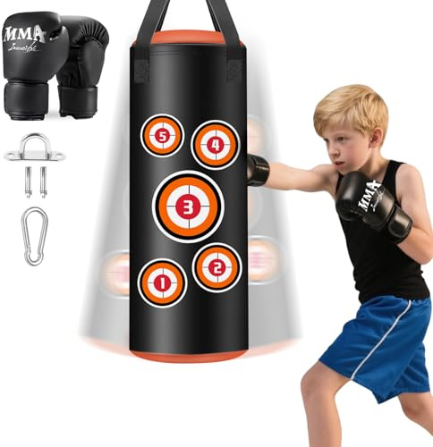 JUOIFIP Kit Sac de Frappe Suspendu, Sac de Frappe pour Enfants avec Gants 60 cm, Sac Lourd en Cuir Microfibre pour l'entraînement au Kickboxing, Fitness, MMA, Grappling, Muay thaï et karaté