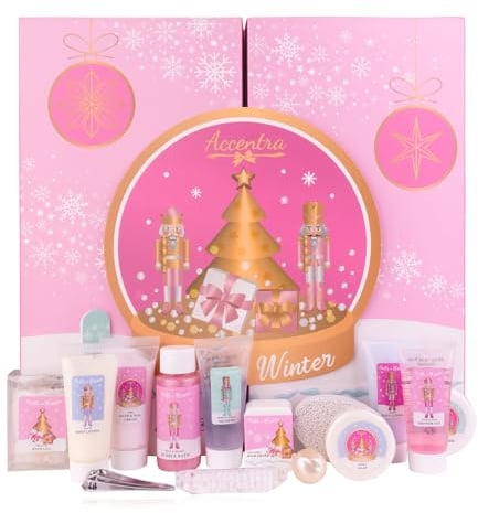 Calendrier de l'Avent Accentra HELLO WINTER / CASSE-NOISETTE dans un coffret cadeau en forme de livre, 24 surprises beauté, calendrier de Noël décoratif pour femme rose et or