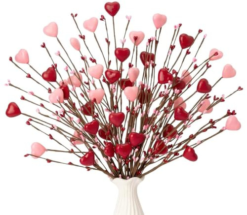 Sousi Valentinstags-Auswahl, 4 Stück Herzförmige Künstliche Rote Beerenzweige mit Rot-Pinken Herzen, Valentinstagsgeschenke für Jubiläumsblumensträuße, Hochzeitsfeiern und Wohnraumdekoration